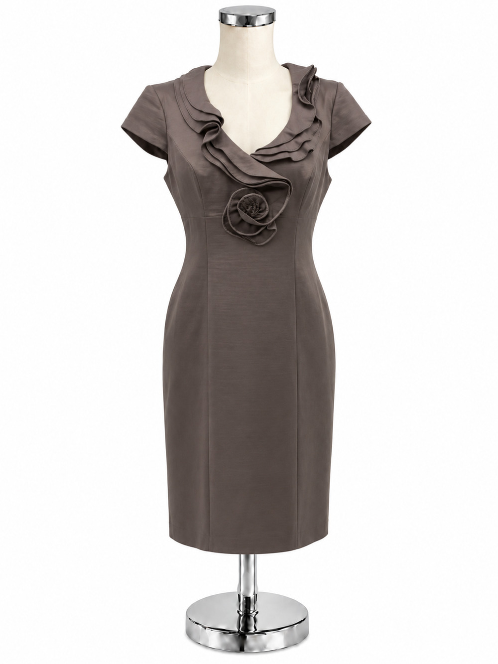 Adrianna Papell Ruffle Rosette Sheath Dress Taupe Shimmer NWT Size 8